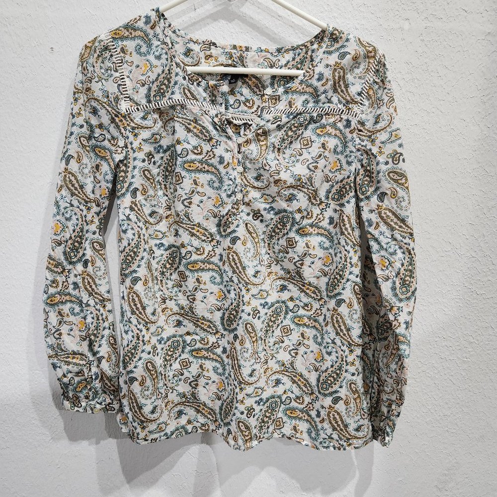 Talbots Blouse Womens Small Popover Pullover Blouse Paisly Long Sleeve